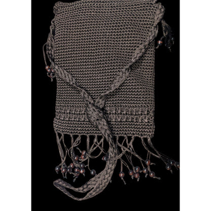 Chateau Boho Brown Crochet Beaded Crossbody Bag With Fringe