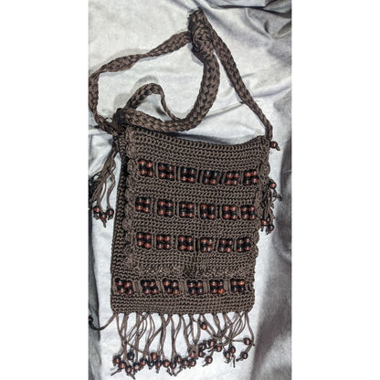 Chateau Boho Brown Crochet Beaded Crossbody Bag With Fringe