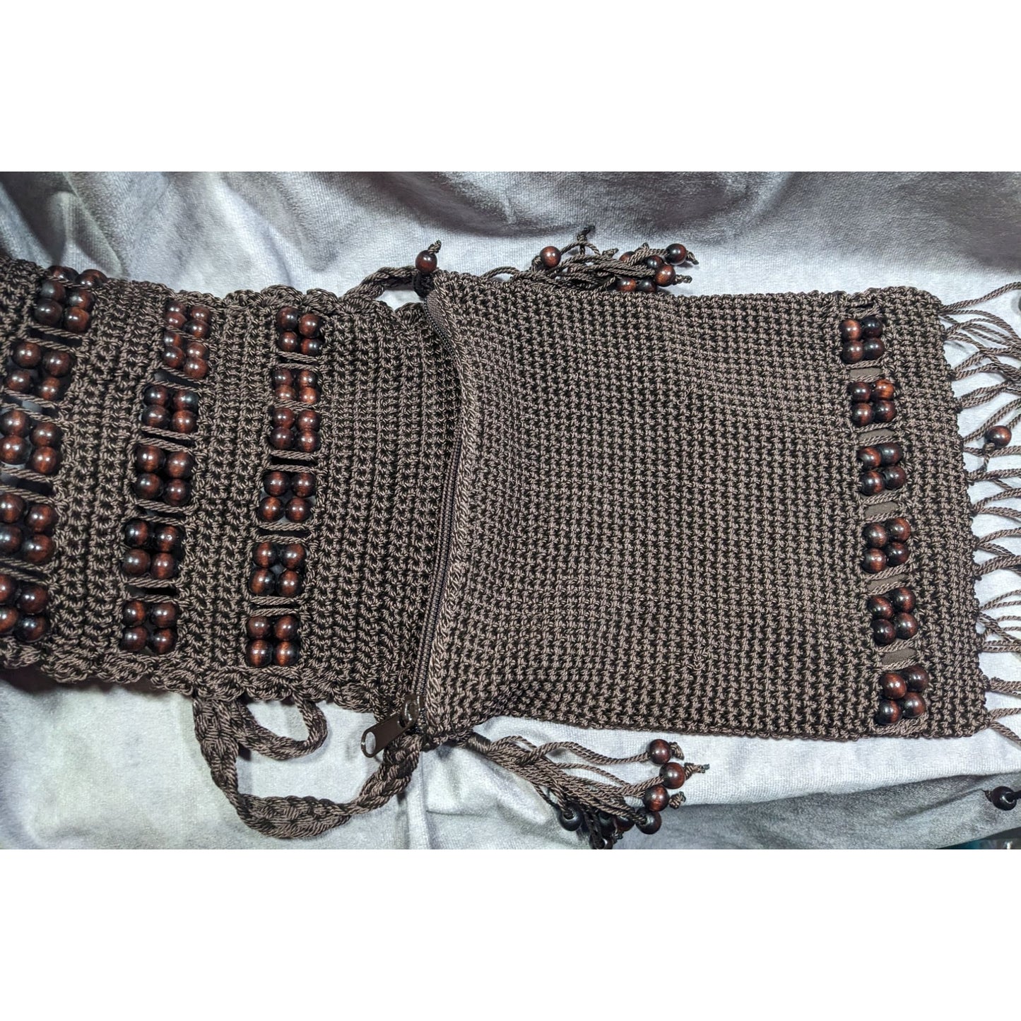 Chateau Boho Brown Crochet Beaded Crossbody Bag With Fringe