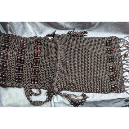 Chateau Boho Brown Crochet Beaded Crossbody Bag With Fringe