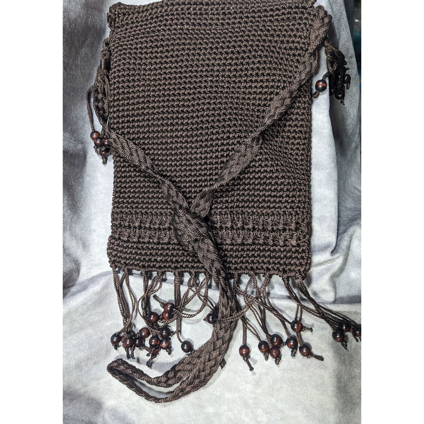 Chateau Boho Brown Crochet Beaded Crossbody Bag With Fringe