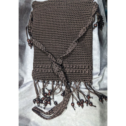 Chateau Boho Brown Crochet Beaded Crossbody Bag With Fringe