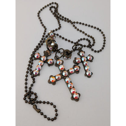 Vintage Triple Cross Necklace Rhinestone Pendant Glam Goth Gold Iridescent Pink