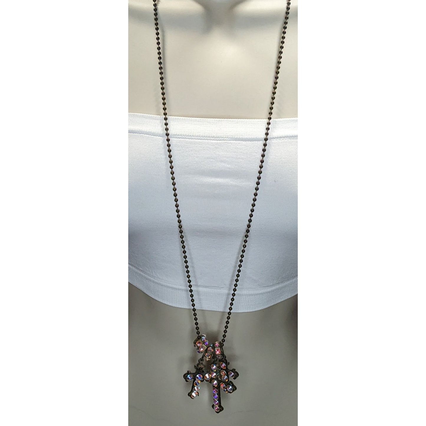 Vintage Triple Cross Necklace Rhinestone Pendant Glam Goth Gold Iridescent Pink