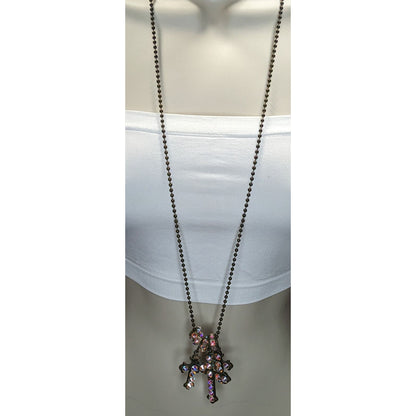 Vintage Triple Cross Necklace Rhinestone Pendant Glam Goth Gold Iridescent Pink