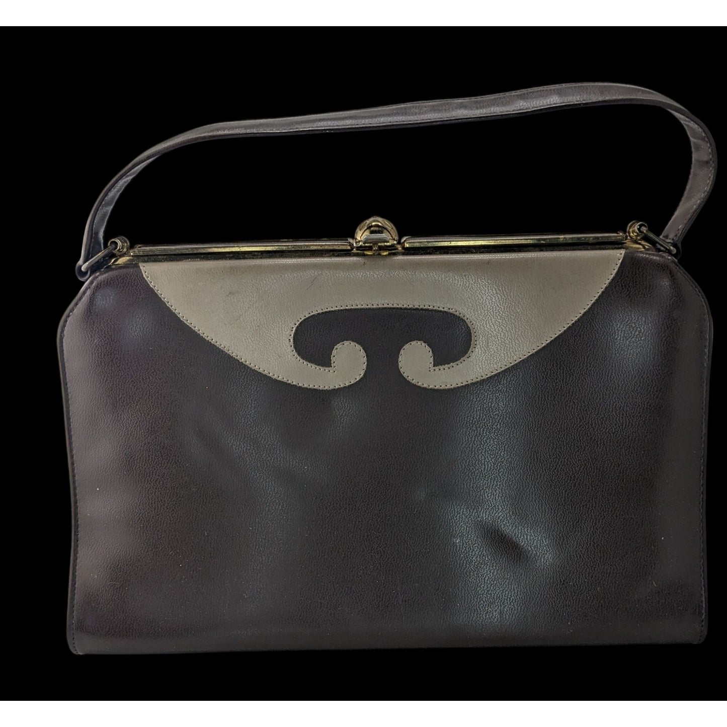 Vintage 50s/60s Black & Taupe Mod Handbag Retro Twist Clasp 10x6.5x3.5 Inches 5-Inch Handle Drop