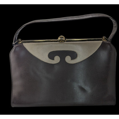 Vintage 50s/60s Black & Taupe Mod Handbag Retro Twist Clasp 10x6.5x3.5 Inches 5-Inch Handle Drop