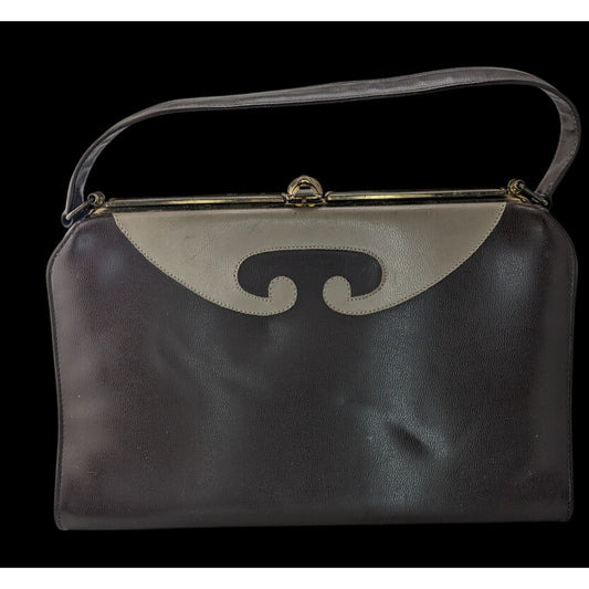 Vintage 50s/60s Black & Taupe Mod Handbag Retro Twist Clasp 10x6.5x3.5 Inches 5-Inch Handle Drop