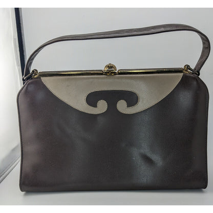 Vintage 50s/60s Black & Taupe Mod Handbag Retro Twist Clasp 10x6.5x3.5 Inches 5-Inch Handle Drop