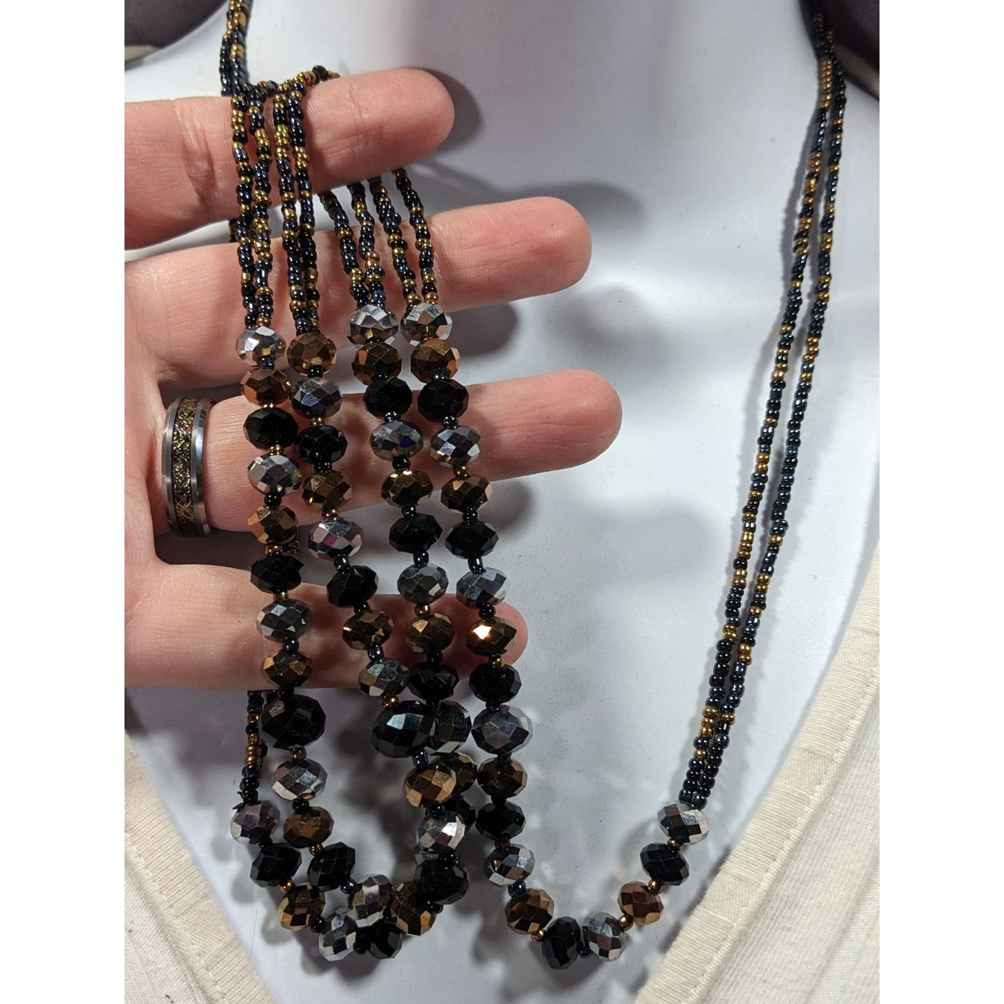Dark Glam Black Gold And Silver Tone Glass Beaded Necklace