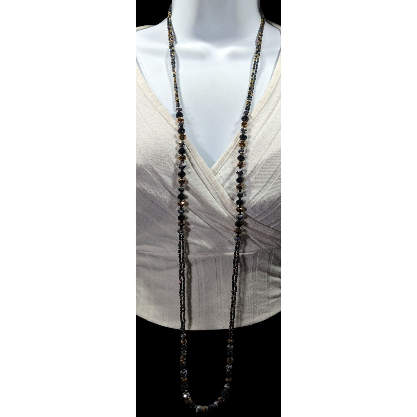 Dark Glam Black Gold And Silver Tone Glass Beaded Necklace
