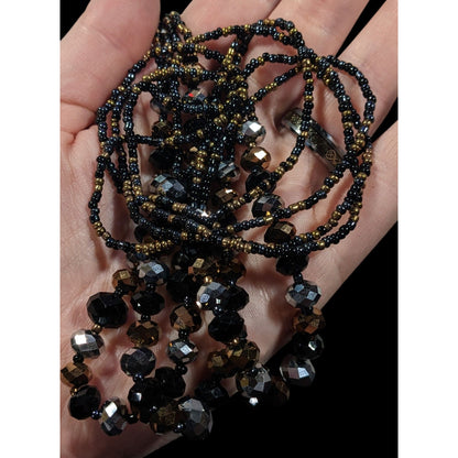 Dark Glam Black Gold And Silver Tone Glass Beaded Necklace