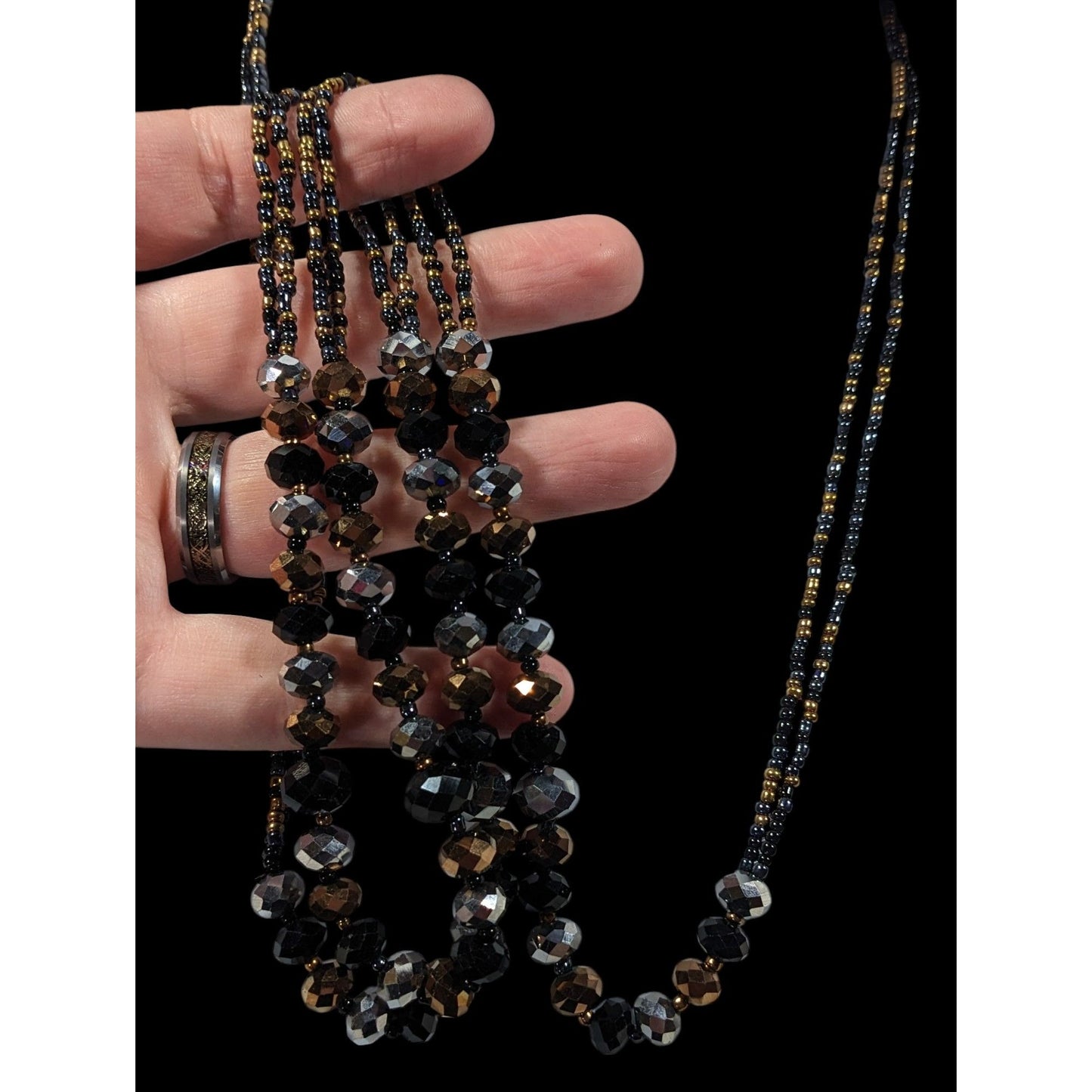 Dark Glam Black Gold And Silver Tone Glass Beaded Necklace