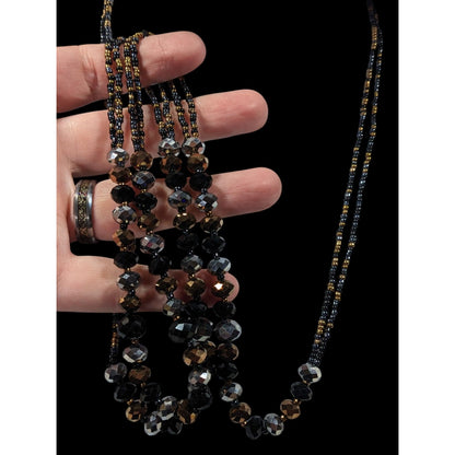 Dark Glam Black Gold And Silver Tone Glass Beaded Necklace