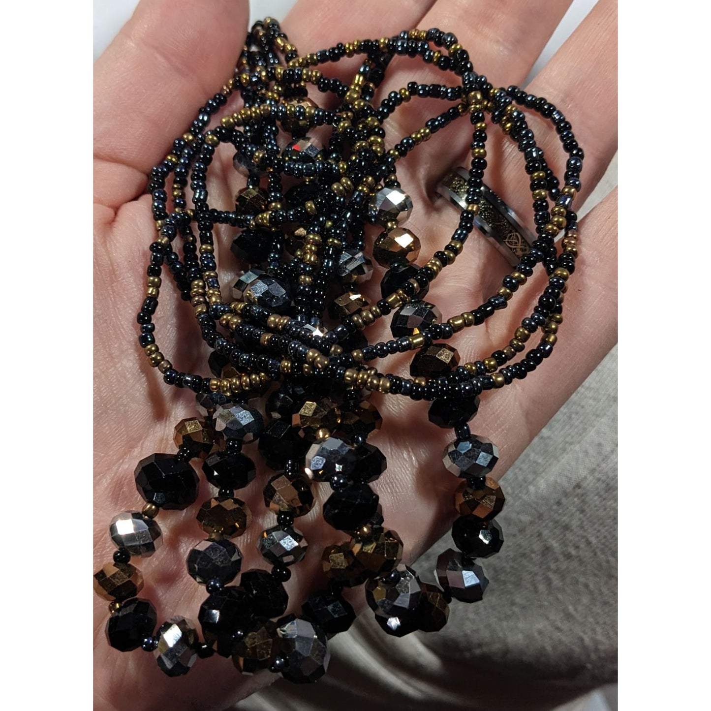 Dark Glam Black Gold And Silver Tone Glass Beaded Necklace