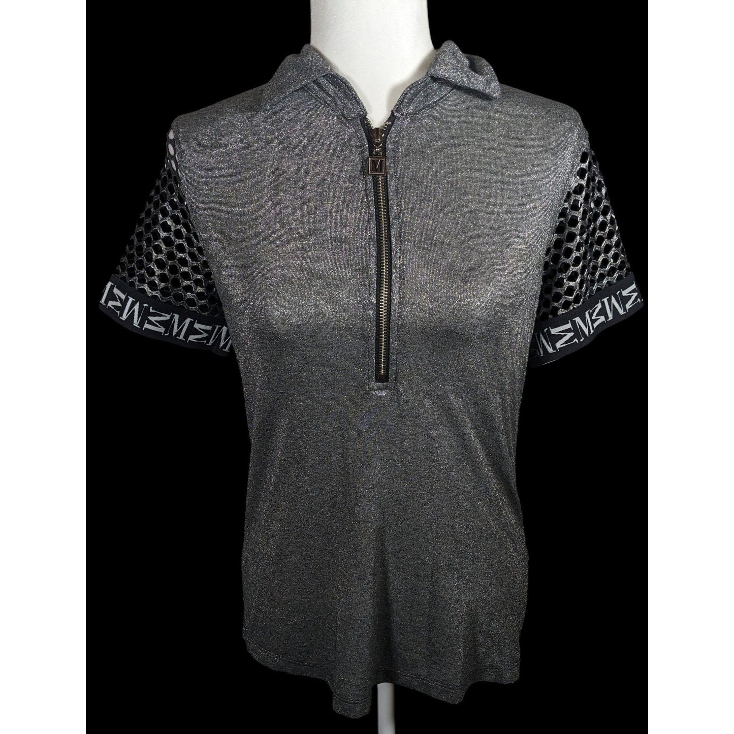 Motherputter Metallic Black And Silver Mesh Sleeve Golf Shirt