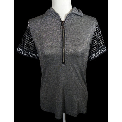 Motherputter Metallic Black And Silver Mesh Sleeve Golf Shirt