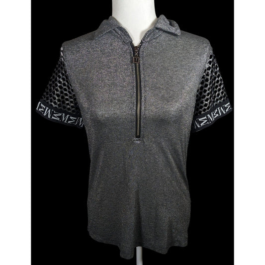 Motherputter Metallic Black And Silver Mesh Sleeve Golf Shirt