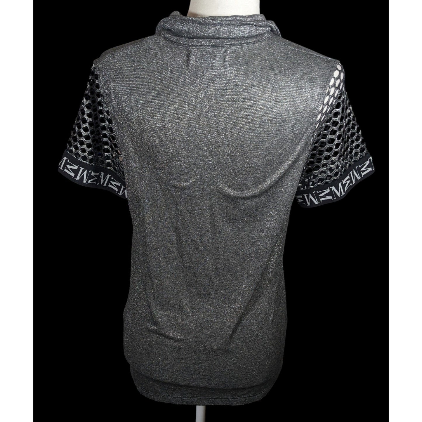 Motherputter Metallic Black And Silver Mesh Sleeve Golf Shirt