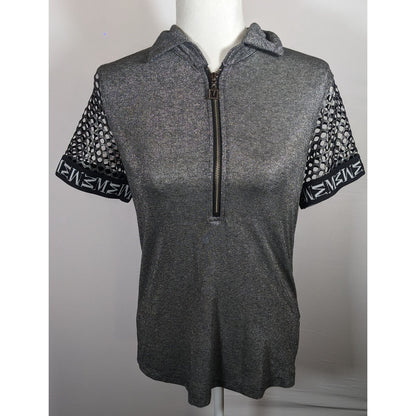 Motherputter Metallic Black And Silver Mesh Sleeve Golf Shirt