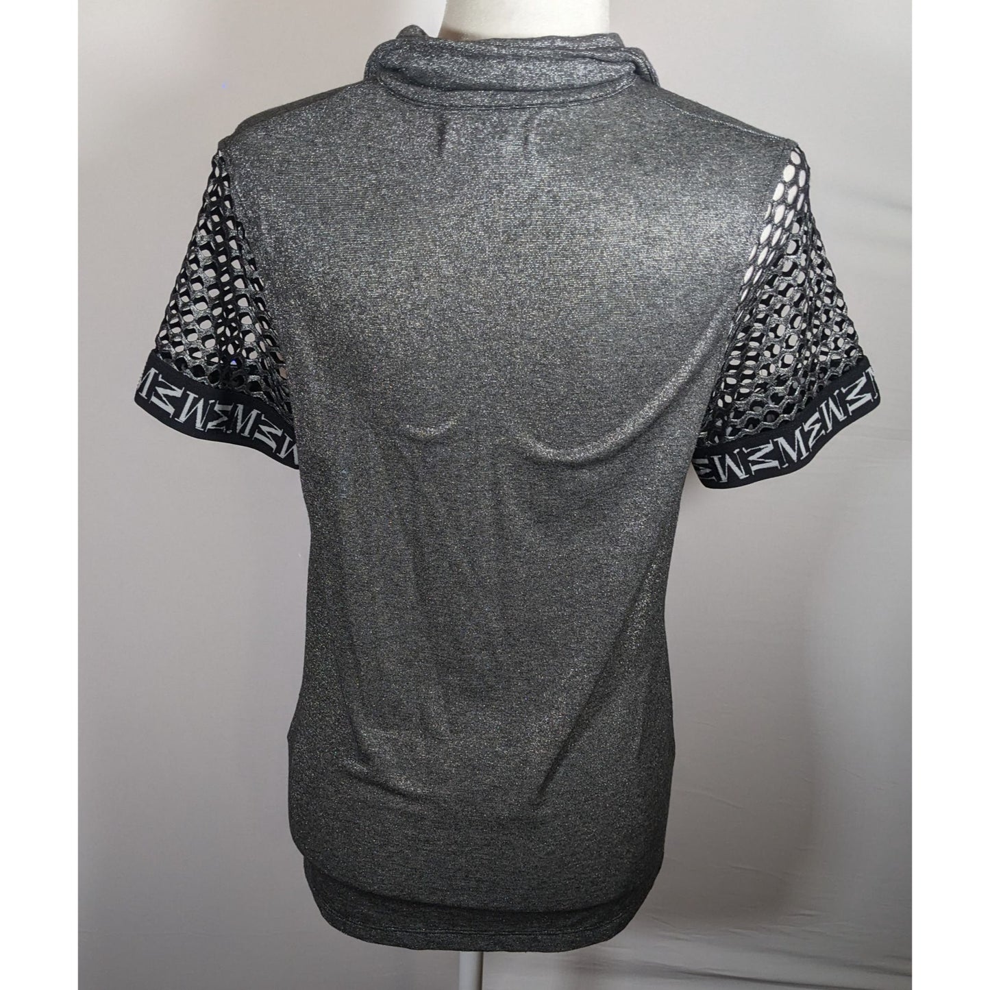 Motherputter Metallic Black And Silver Mesh Sleeve Golf Shirt