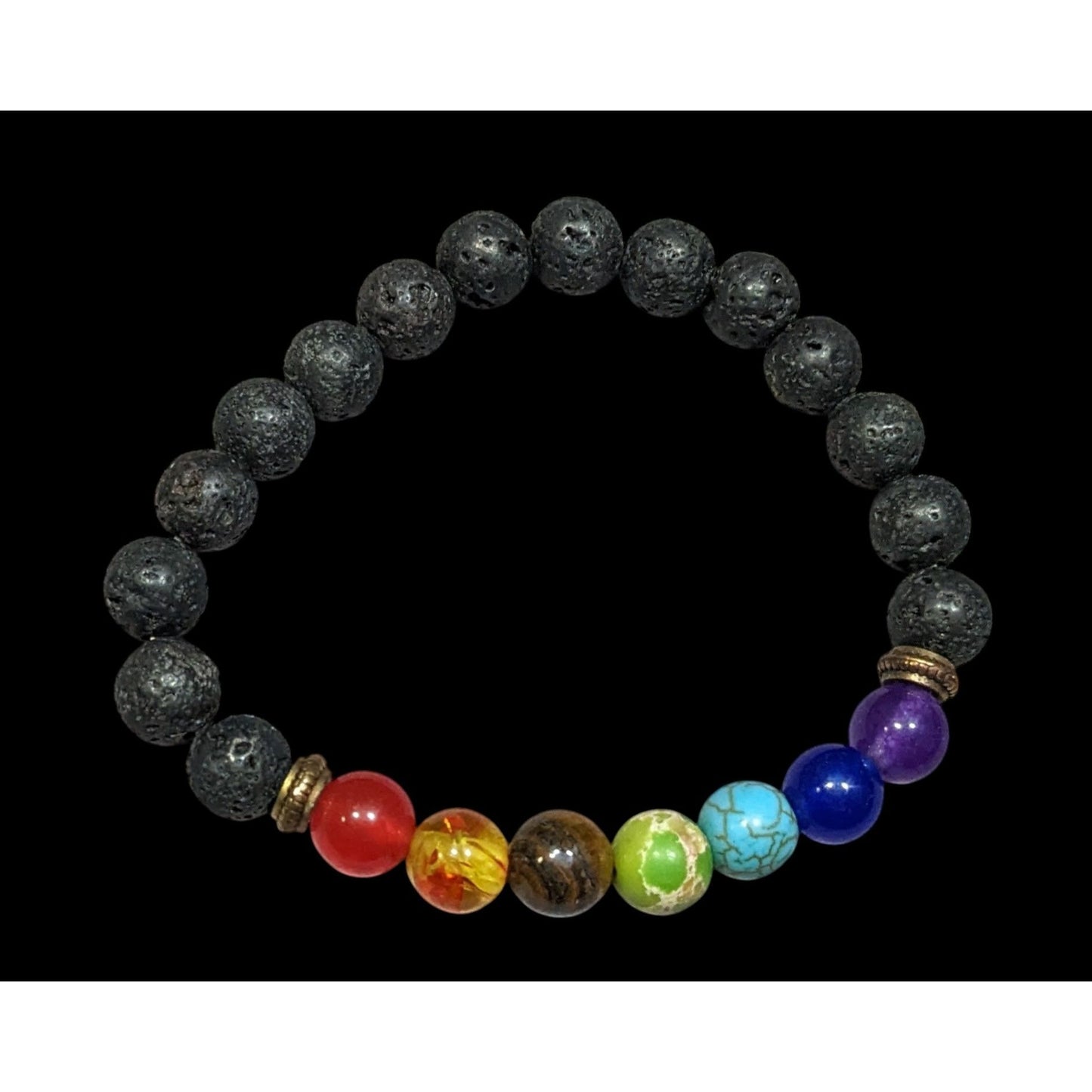Chakra Rainbow Gemstone And Volcanic Rock Beaded Stretch Bracelet