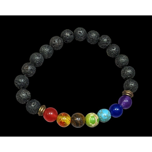 Chakra Rainbow Gemstone And Volcanic Rock Beaded Stretch Bracelet