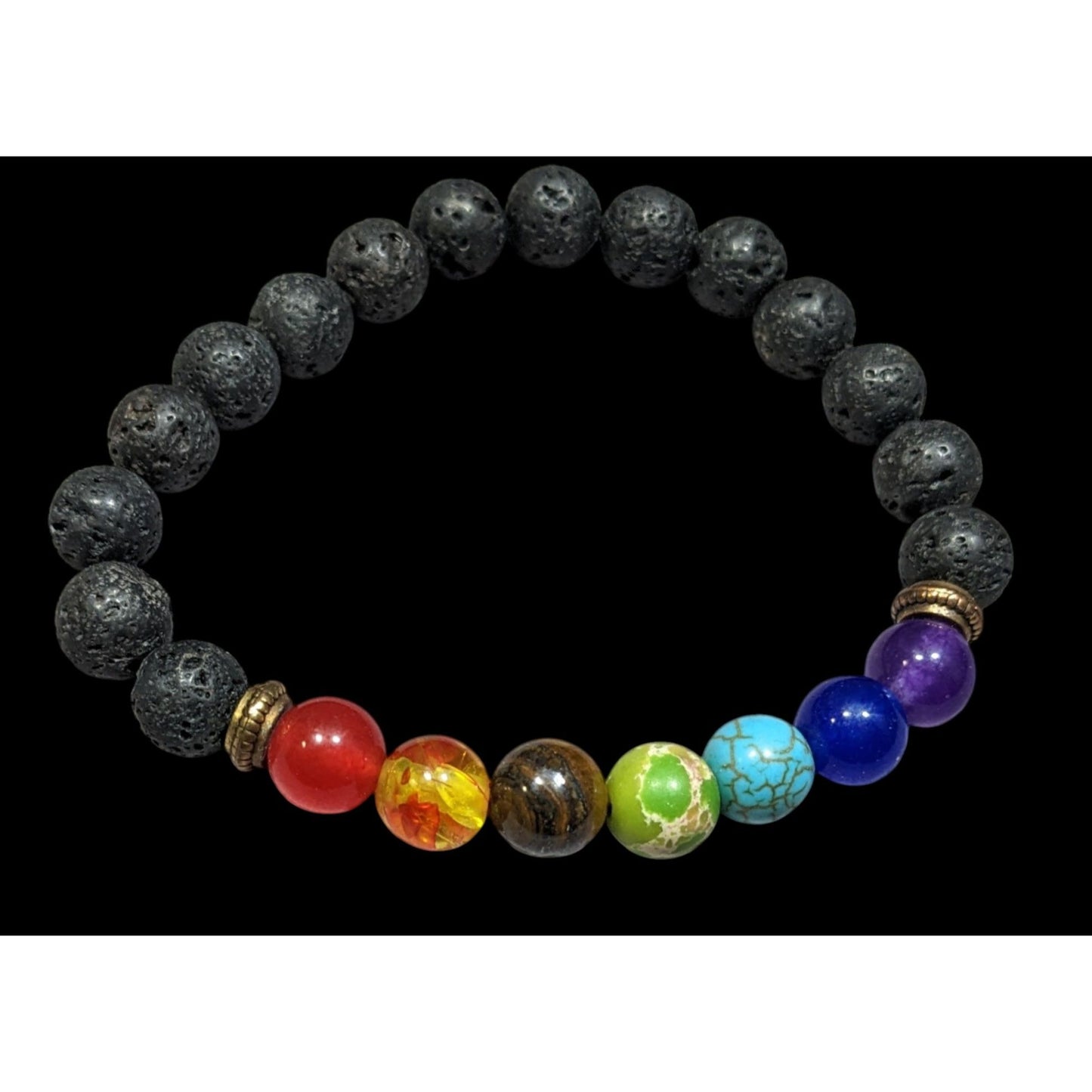 Chakra Rainbow Gemstone And Volcanic Rock Beaded Stretch Bracelet