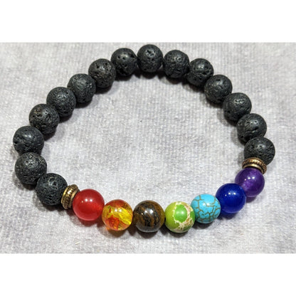 Chakra Rainbow Gemstone And Volcanic Rock Beaded Stretch Bracelet