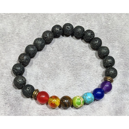 Chakra Rainbow Gemstone And Volcanic Rock Beaded Stretch Bracelet