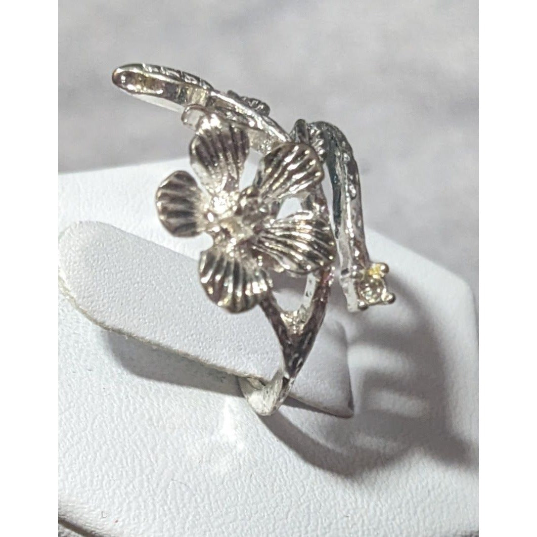 Floral Fairy Silver Tone Gemmed Ring Size 6