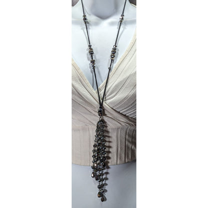 Glam Goth Mirror Finish Glass Beaded Tassel Necklace