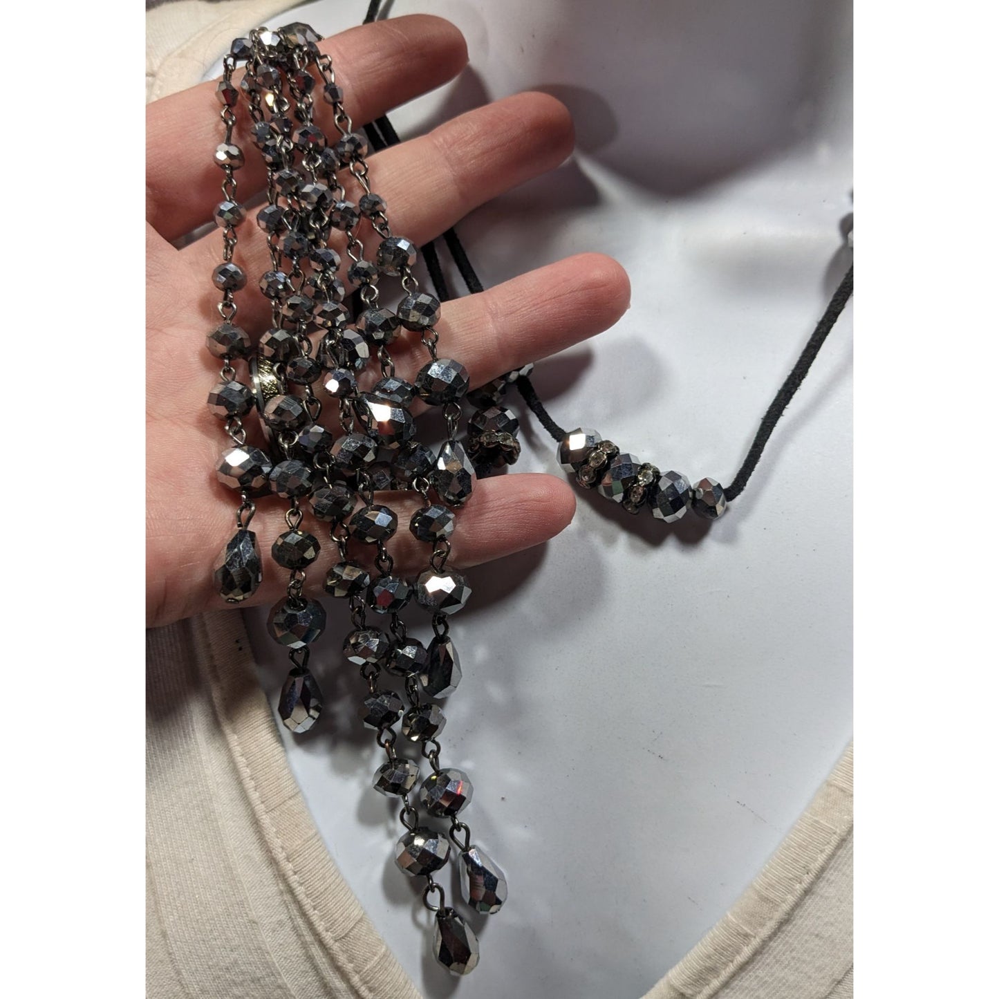 Glam Goth Mirror Finish Glass Beaded Tassel Necklace