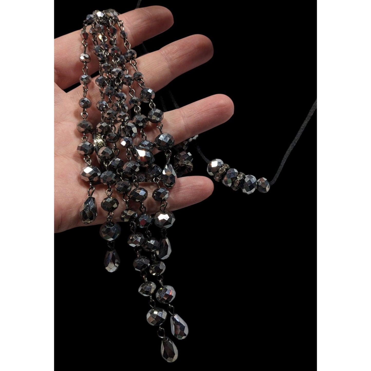 Glam Goth Mirror Finish Glass Beaded Tassel Necklace