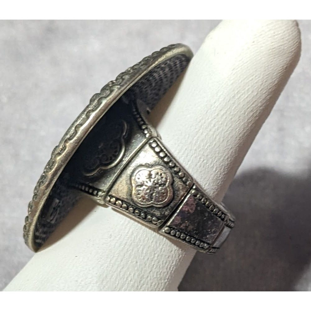 Grace Adele Floral Brutalist Shield Silver Tone Stretch Statement Ring