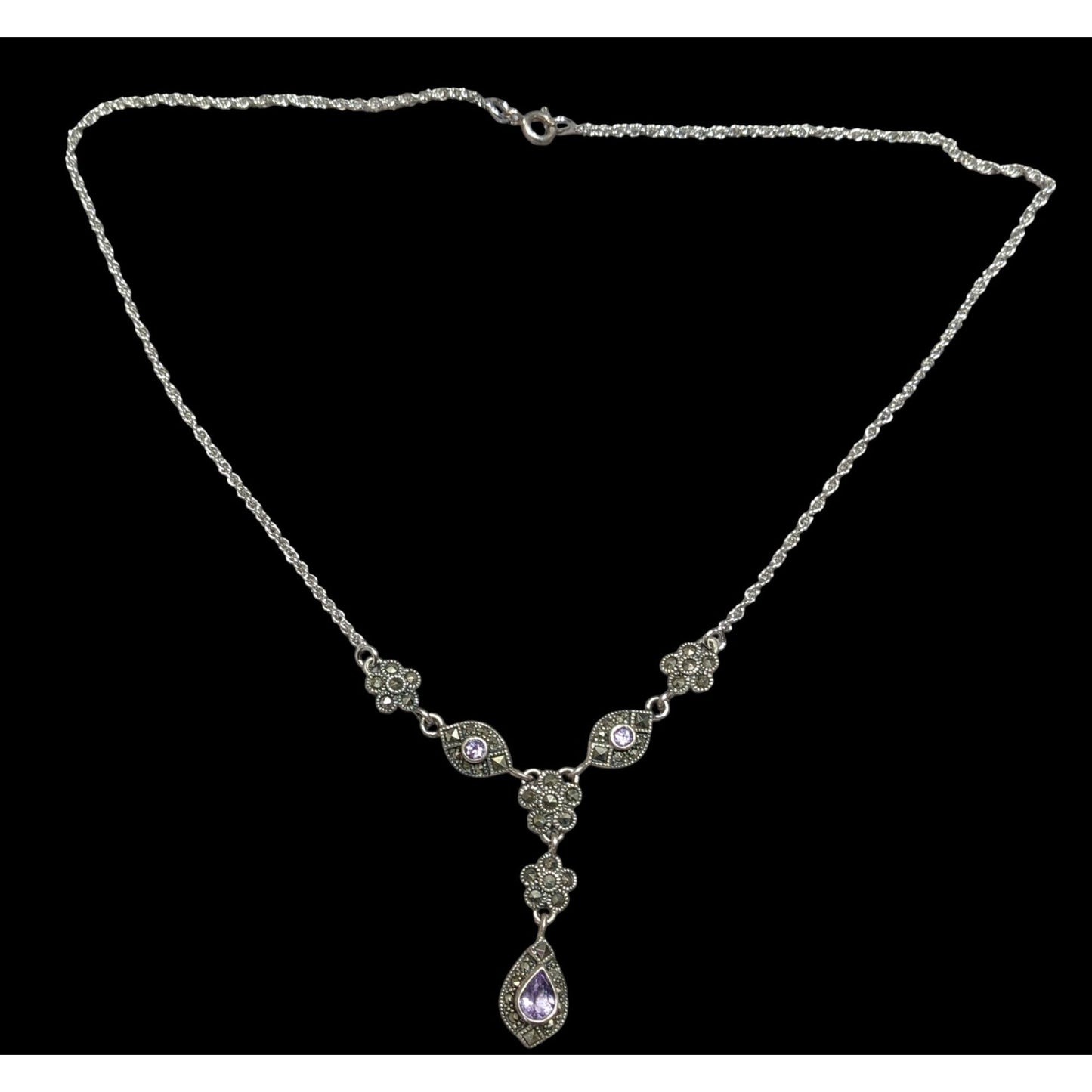 Whimsical Fantasy Marcasite Amethyst And Sterling Silver Y Drop Necklace