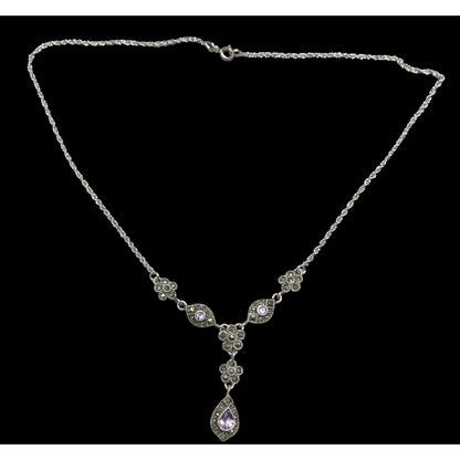 Whimsical Fantasy Marcasite Amethyst And Sterling Silver Y Drop Necklace