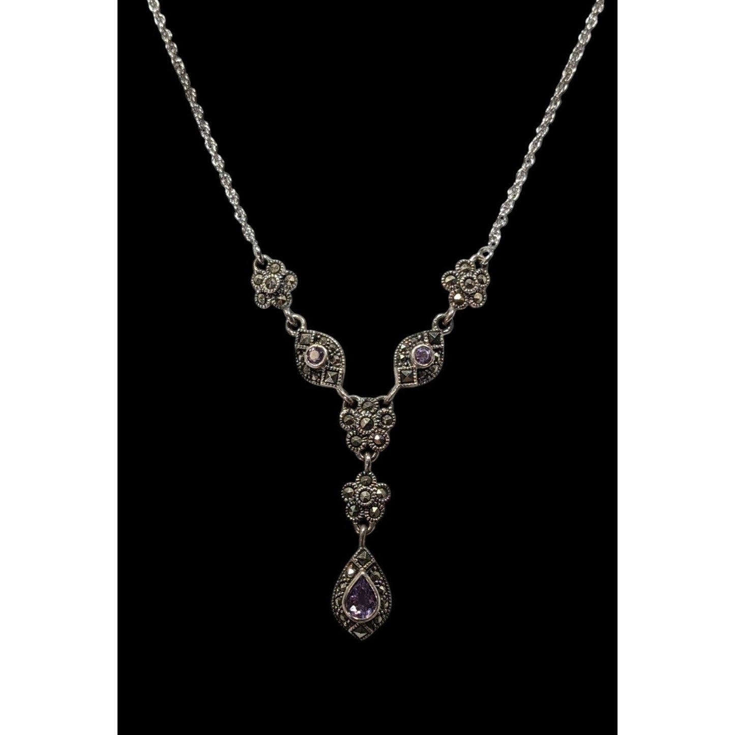Whimsical Fantasy Marcasite Amethyst And Sterling Silver Y Drop Necklace