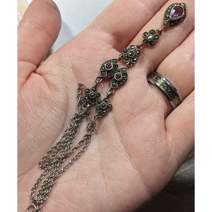 Whimsical Fantasy Marcasite Amethyst And Sterling Silver Y Drop Necklace