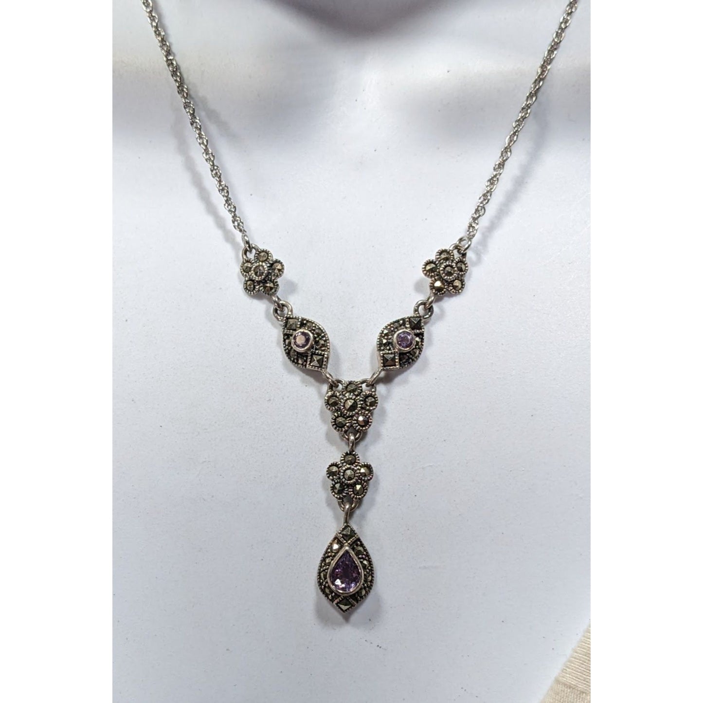 Whimsical Fantasy Marcasite Amethyst And Sterling Silver Y Drop Necklace