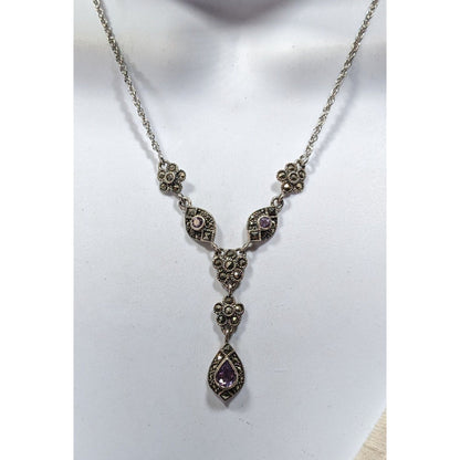 Whimsical Fantasy Marcasite Amethyst And Sterling Silver Y Drop Necklace