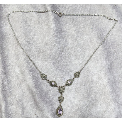 Whimsical Fantasy Marcasite Amethyst And Sterling Silver Y Drop Necklace