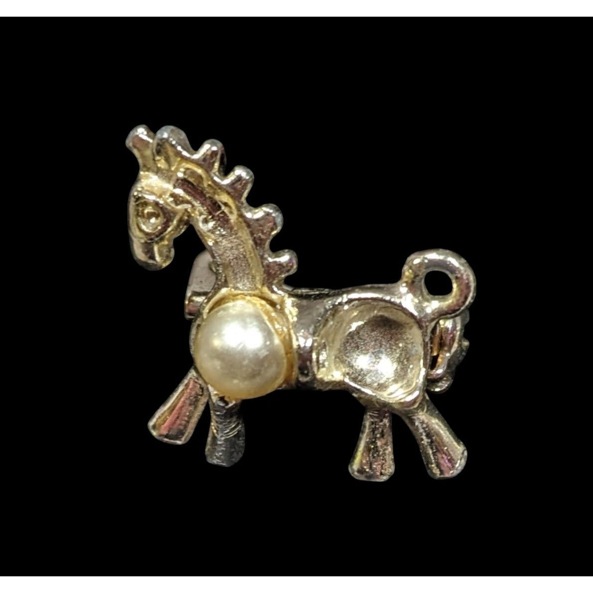 Vintage Stylized Mini Horse Brooch Silver Tone With Faux Pearl Accent