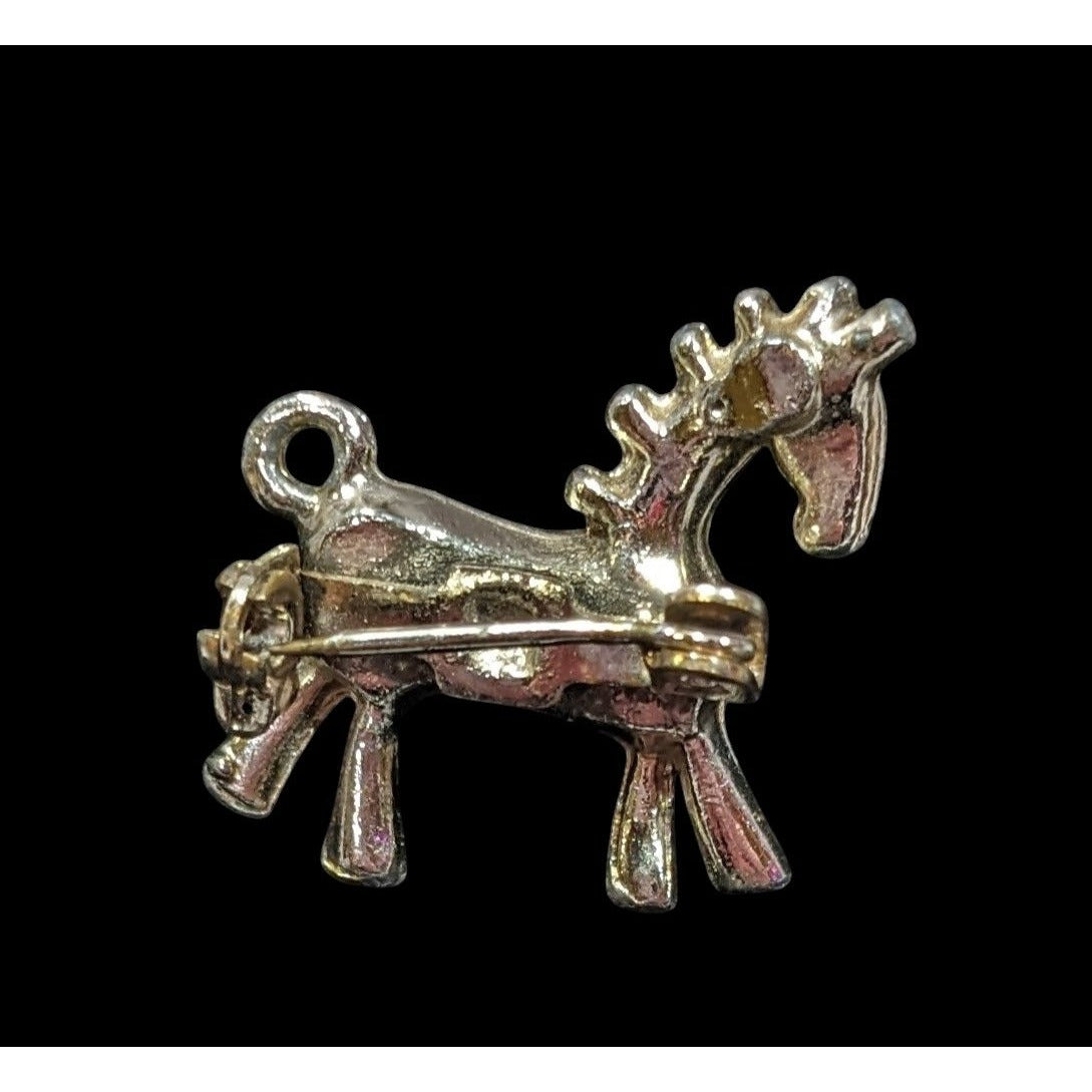 Vintage Stylized Mini Horse Brooch Silver Tone With Faux Pearl Accent