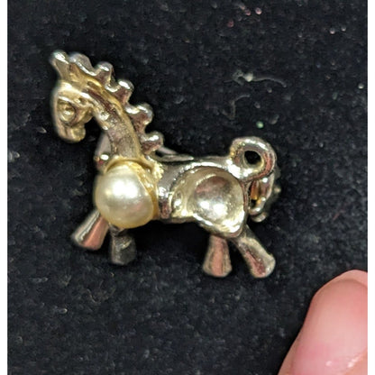 Vintage Stylized Mini Horse Brooch Silver Tone With Faux Pearl Accent