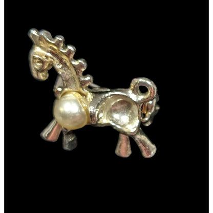 Vintage Stylized Mini Horse Brooch Silver Tone With Faux Pearl Accent