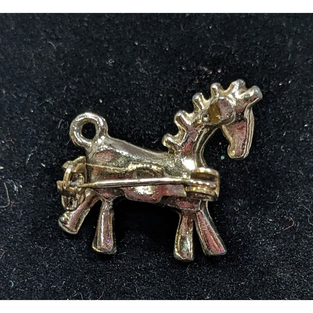 Vintage Stylized Mini Horse Brooch Silver Tone With Faux Pearl Accent