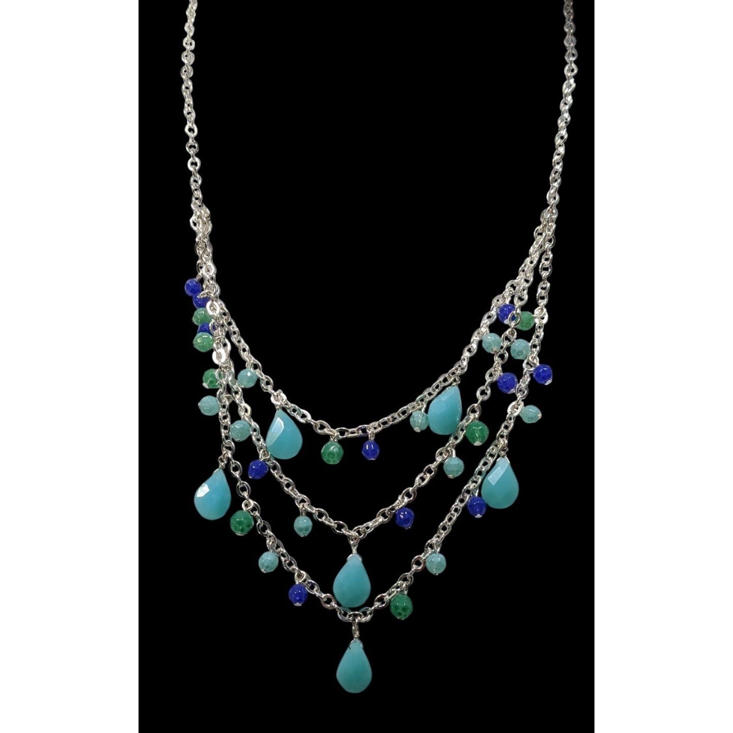 Nine West Layered Blue Beaded Fringe Necklace