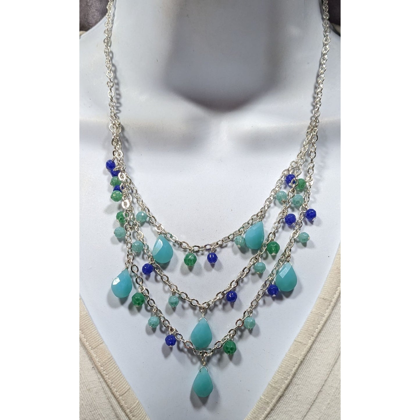 Nine West Layered Blue Beaded Fringe Necklace