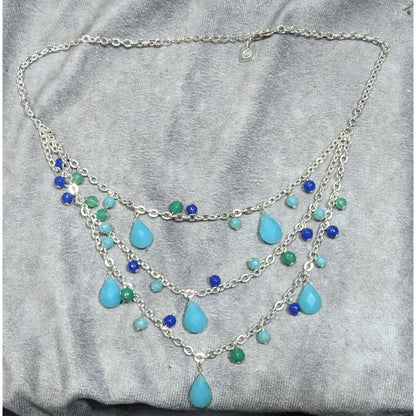 Nine West Layered Blue Beaded Fringe Necklace